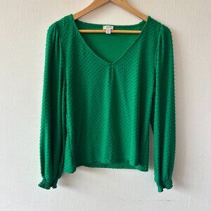 J. Crew Long Sleeve Green Blouse Womens Medium V-neck Swiss Dot Fairy Twee
